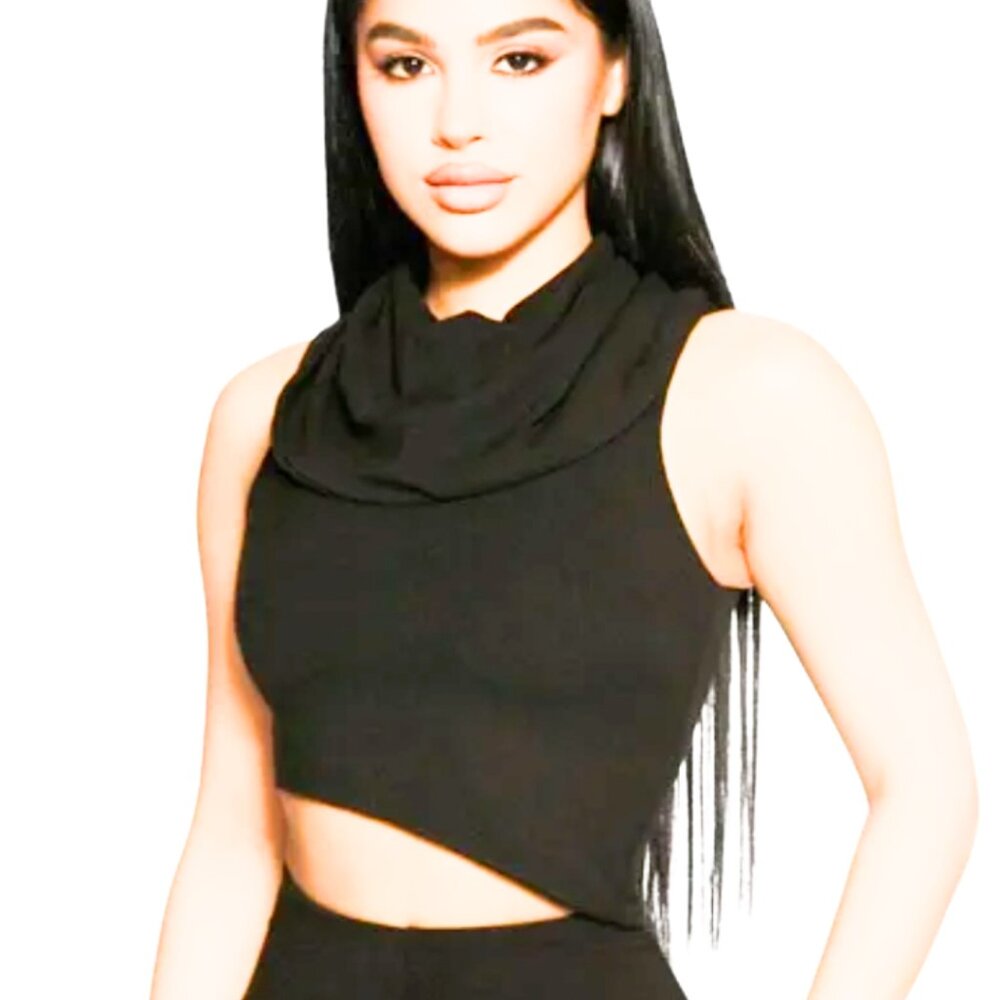 NAKED WARDROBE Turtleneck cowl crop Top Asymmetrical Hem Stretchy size LARGE